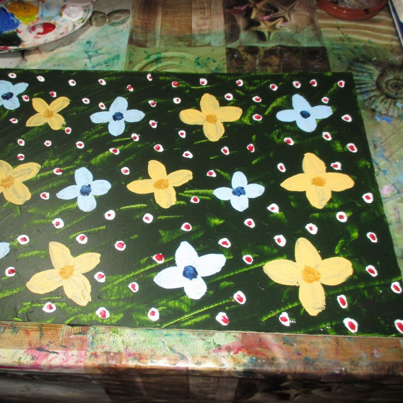 Tablero de margaritas azules y amarillas, acrílico